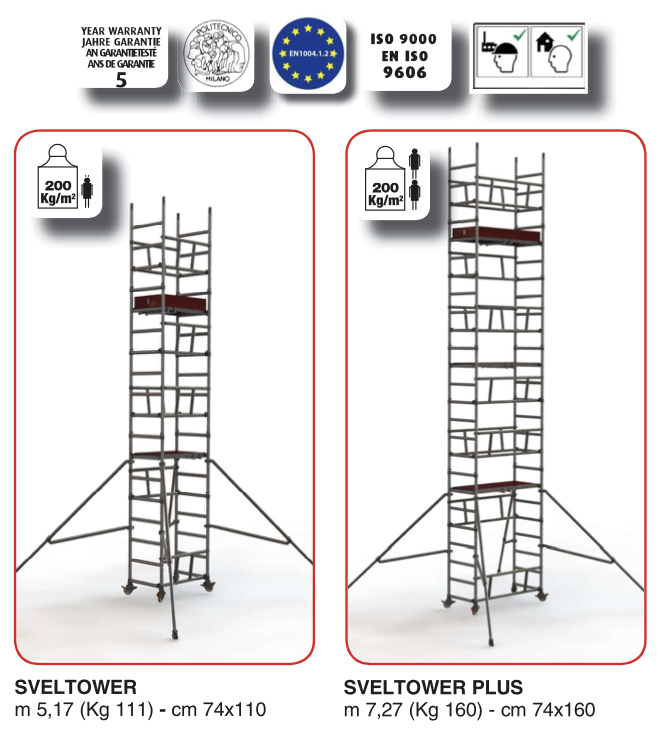 Afbeelding van Sveltower en Sveltower Plus rolsteiger met afmetingen, gewicht en belastingcapaciteit