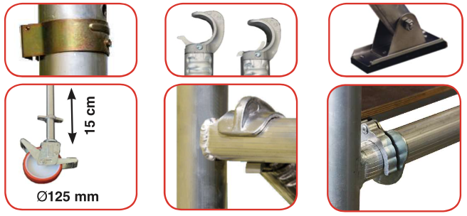 Detailafbeelding van Sveltower rolsteigercomponenten zoals wiel, haak, klem en lasverbindingen
